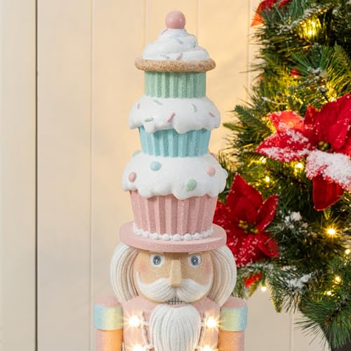 Christmas Porch Decor Nutcracker with Macaron Hat & Lighted Cupcake, 28"