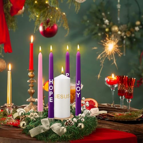 Christmas Advent Wreath Candle Holder Set with Pillar and Taper Candles - Silver, 5 Pieces - Holiday Decor