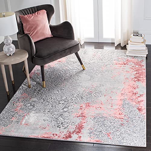 SAFAVIEH Meadow Collection Area Rug - 3' Square, Light Grey & Pink, Modern Abstract Design, Non-Shedding & Easy Care, Ideal for High Traffic Areas in Living Room, Bedroom (MDW573G)