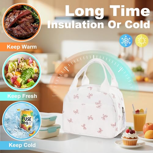 UUYUUY Insulated Lunch Bag, Corduroy Bow Tote for Work and Picnic, M
