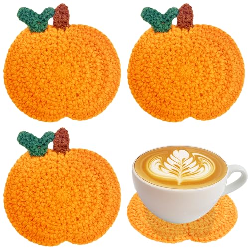 FUTBU Handmade Pumpkin Crochet Coasters - 4 Pack Fall Table Decor