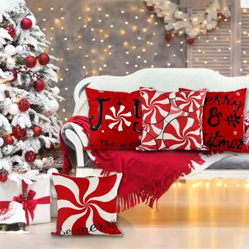 Vellibring Christmas Candy Pillow Covers, 18x18 Set of 4 Red & White Linen