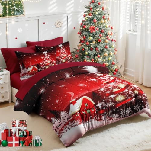 Twin Christmas Tree Bedding Set with Comforter Sheets - Red 5 Pieces