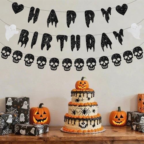 Black Halloween Happy Birthday Banner with Skull Garland Decorations