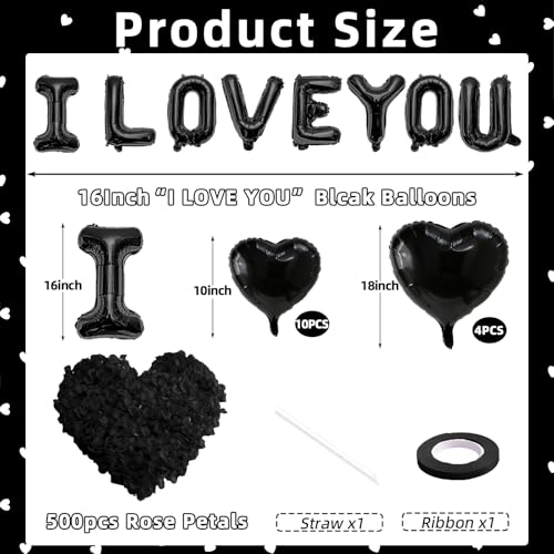 I Love You Heart Balloon Set with 500 Black Rose Petals