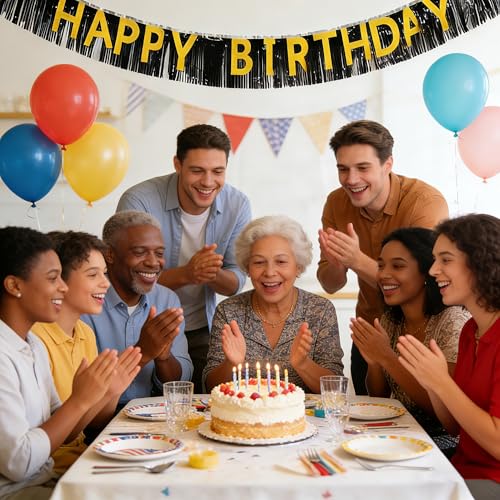 Black and Gold Happy Birthday Banner with Foil Fringe Curtain Kit
