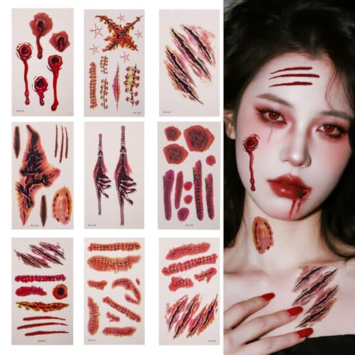 Muswarm Halloween Temporary Tattoos 9-Pack Realistic Scar Stickers