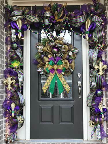 Large Mardi Gras Wreath Bow - Purple Green Glitter Plaid Carnival Decor