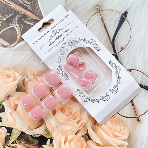 Short Pink Press On Toenails White French Tips Square False Toe Nails