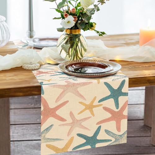 Coastal Starfish Table Runner - Colorful Beach Decor, 13" x 72"