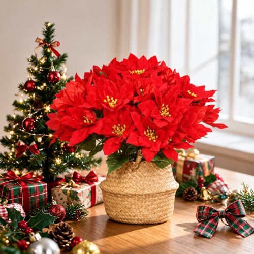 12 pcs 13-inch Velvet Artificial Poinsettia Bushes with Gold Centre - Christmas Decor, Red/Gold Variation