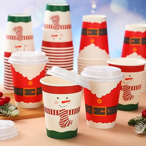 12 oz Christmas Coffee Cups - 100 Disposable Snowman Santa Belt Holiday Paper Cups