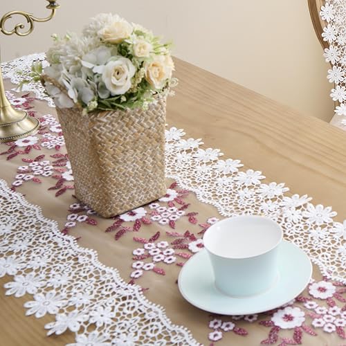 Dark Red Lace Table Runner 16x72 Inches Embroidered Dresser Scarf - Elegant Home Decor