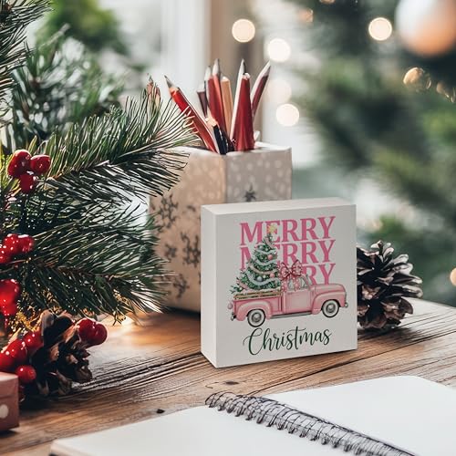 Pink Christmas Truck Wooden Box Sign Preppy Holiday Home Decor 5x5 Inch