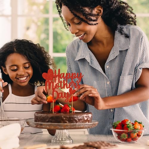 Happy Mother's Day Cake Topper - Red Glitter Decoration