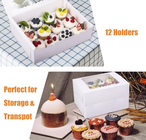 LONGTEAM 12-Count Cupcake Boxes with Window & Inserts - White, 6-Pack