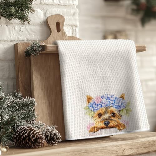 JINYO Blue Hydrangea Yorkshire Terrier Kitchen Towels, 16x24