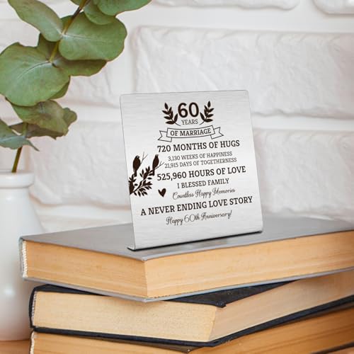 60th Wedding Anniversary Keepsake Plaque - 4x4 Inch Stainless Steel Desk Sign for Couples Parents