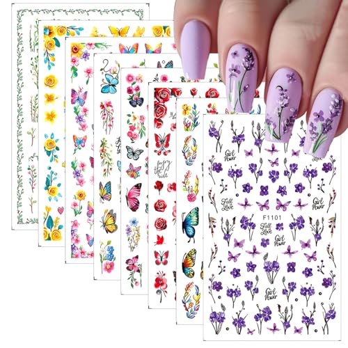 CHANGAR Flower Nail Art Stickers - 8 Sheets Colorful Floral Butterfly Decals