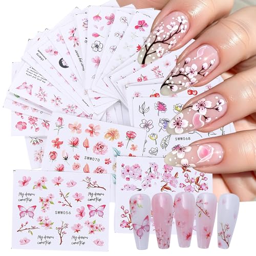 Spring Pink Flower Water Nail Decals 24 Sheets Cherry Blossom Nail Art