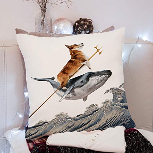 Aquadog Corgi on Whale Throw Pillow Cover - 18 x 18 Inch Cotton Linen
