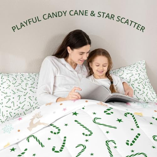Toddler Reversible Christmas Comforter Set with Candy Cane Design - Green White Variation