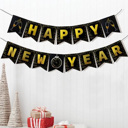 Black and Gold Happy New Year Banner 15pcs Party Decorations