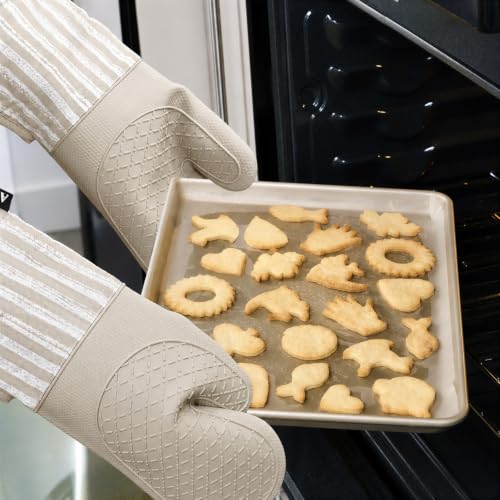 Alselo Extra-Long Silicone Oven Mitts, Heat Resistant Gloves - Khaki, Set of 2