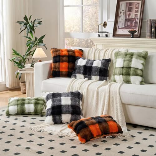 Set of 2 Cozy Faux Fur Throw Pillow Covers - 18x18 Inch Orange-Black Grid