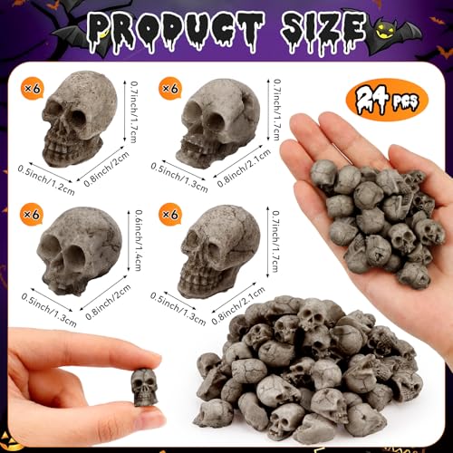 24 PCS Mini Skull Heads - Realistic Resin Figurines for Halloween Decor