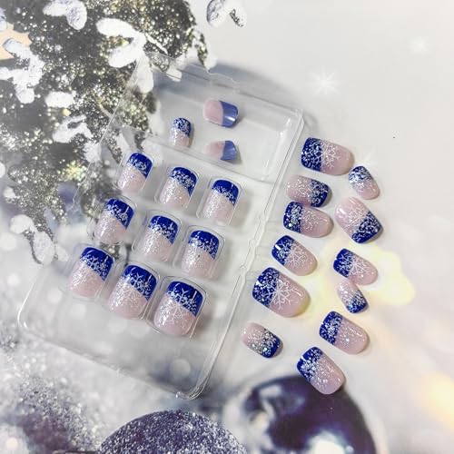 Christmas Press on Nails Square Fake Nails Snowflake Glitter Blue French Tip