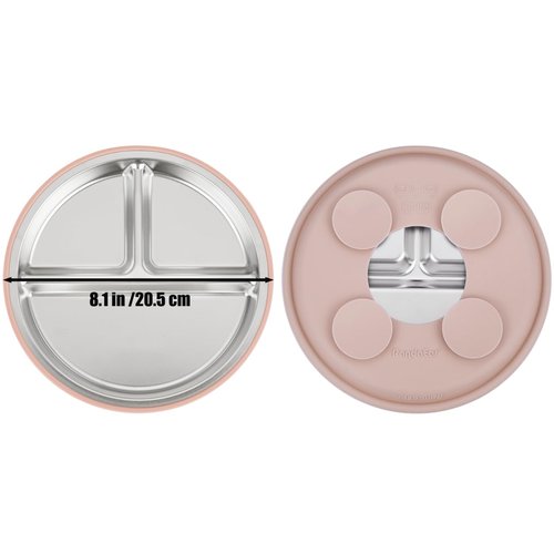 PandaEar Stainless Steel Baby Feeding Set | 2 Divided Suction Plates, 2 Spill-Proof Straw Cups with Silicone Sleeves, 2 Forks & 2 Spoons | Toddler Utensils for Baby Led Weaning, BPA-Free (Pink)