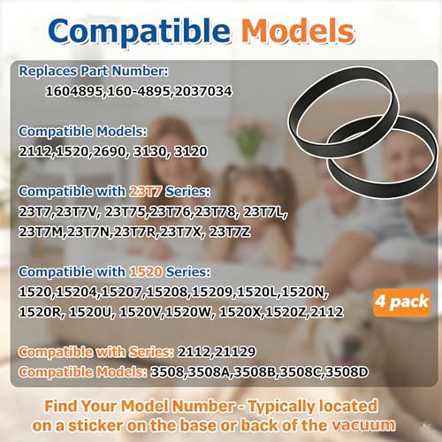4-Pack Vacuum Cleaner Belts for Models 1604895, 3437F, 3508 - Durable Rubber Replacement