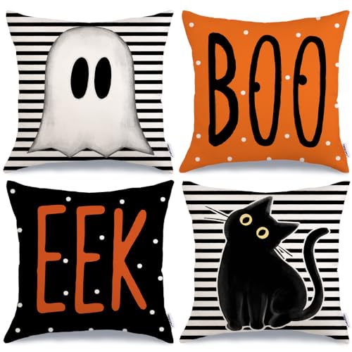 GEEORY Halloween Pillow Covers Set of 4 - 18x18 Inch Ghost & Cat Designs