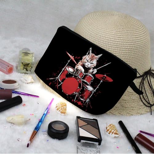 Cat Drummer Cute Makeup Bag Padded Cosmetic Organizer Zipper Pouch
