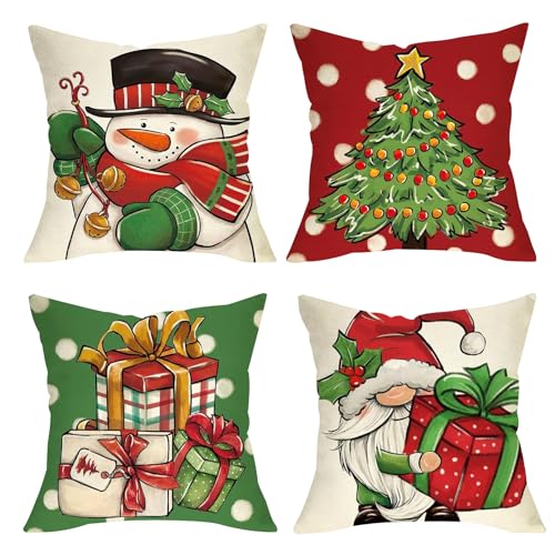 Christmas Pillow Covers Set of 4 - 18x18 Inch Santa & Snowman Decor