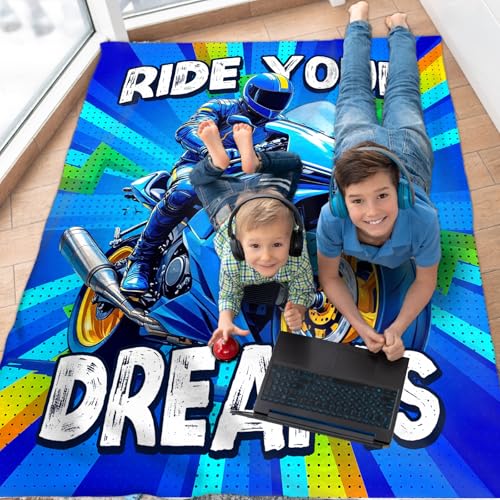 Motorcycle Flannel Throw Blanket for Boys, Soft 40x50 Inch Blue Bedding