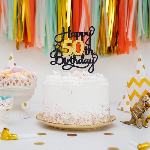 Elegant Black Gold Glitter 50th Birthday Cake Topper