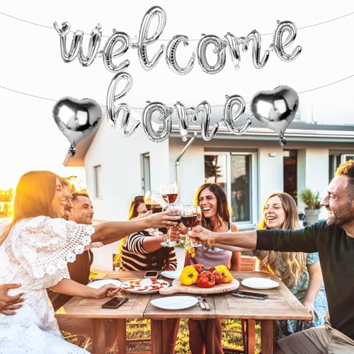 Welcome Home Balloon Banner Set - Silver Foil Letters & Hearts