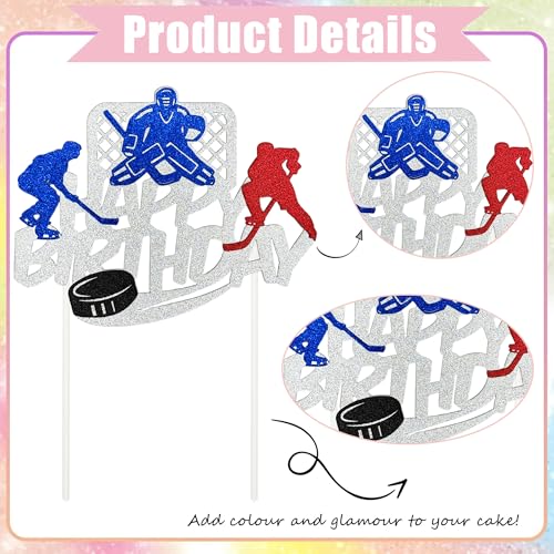 Hockey Themed Happy Birthday Cake Topper - Silver Glitter Decoration