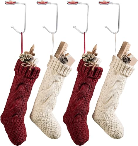 Silver Christmas Stocking Holders Set of 4 Mantel Hooks with Figurines