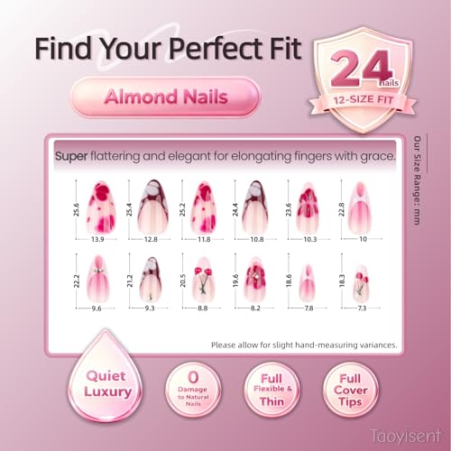 3D Cherry Blossom Press On Nails Almond Glossy Pink Rhinestone False Nails