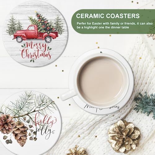 Christmas Ceramic Coasters Set with Holder - Watercolor Farmhouse Holiday Drink Mats