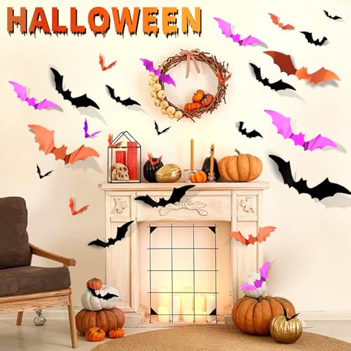 FANDAMEI 140PCS Halloween Bat Wall Decor - Black, Purple, Orange, 3D Indoor Outdoor Bat Stickers for Party & Home