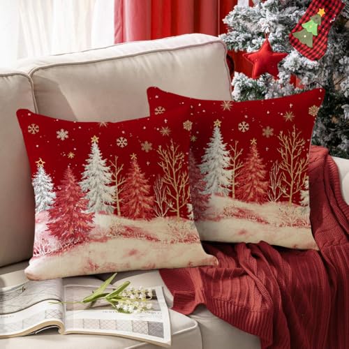 RABUSOFA Christmas Pillow Covers 18x18 Set of 2 Red Winter Holiday Decor