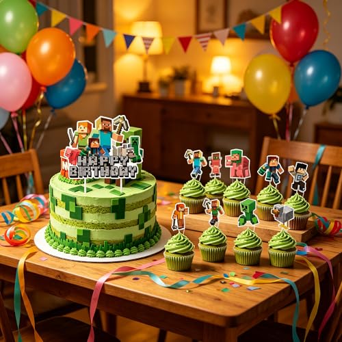 Green Pixel Miner Style Birthday Cake Toppers - 25 Pcs Party Supplies