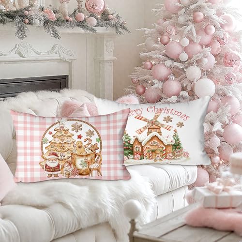 Christmas Throw Pillow Covers Set of 4 - 12x20 Pink Decorative Cushions