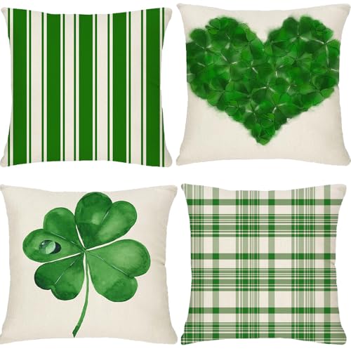 St Patrick's Day Pillow Covers Pack of 4 - Green Heart & Stripes 18x18