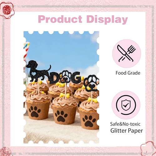 12 Black Glitter Dachshund Cupcake Toppers for Pet Parties