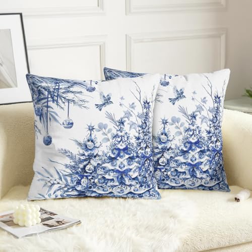 Blue Christmas Tree Pillow Covers Set of 2 18x18 Inches - Winter Holiday Outdoor Throw Pillowcases